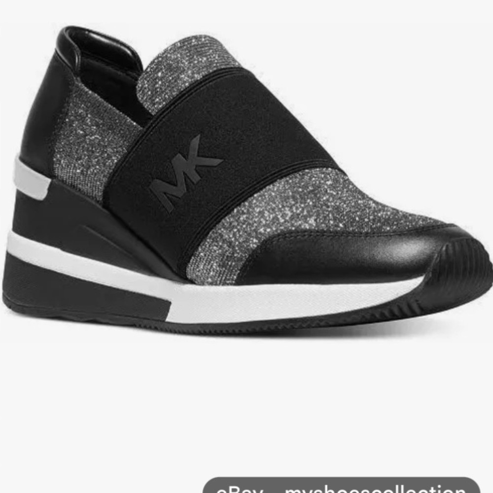 Michael Kors Black and Silver Slip-On Wedge Sneakers